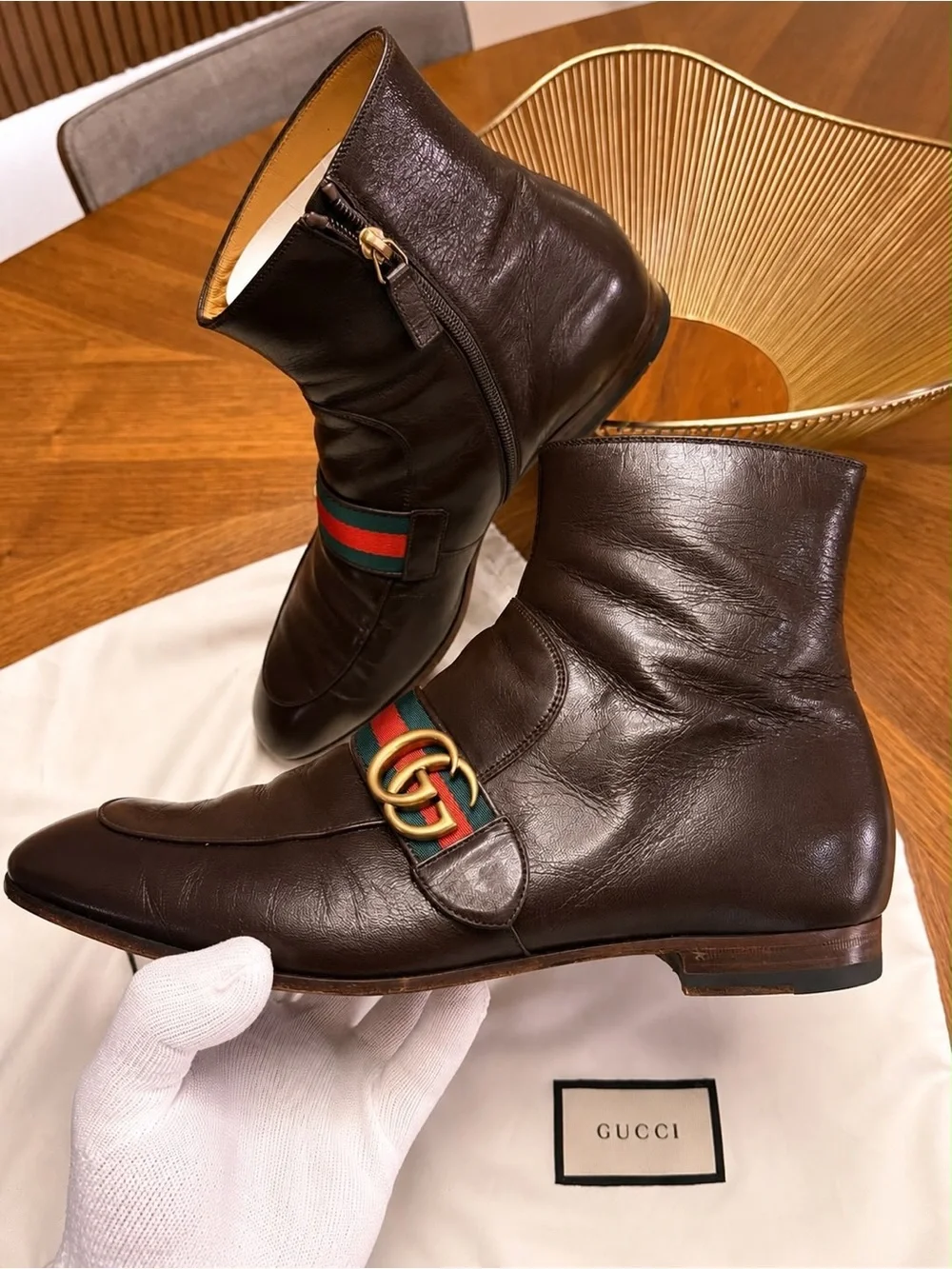 Gucci Brown Leather Men’s Ankle Chukka Boots with Green-Red Web & Gold Double G.